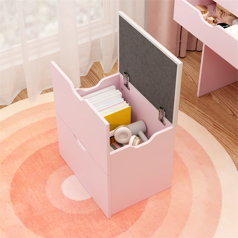 Pink Wooden 3 in 1 Dressing Table Set with LED Mirror and Storage Stool