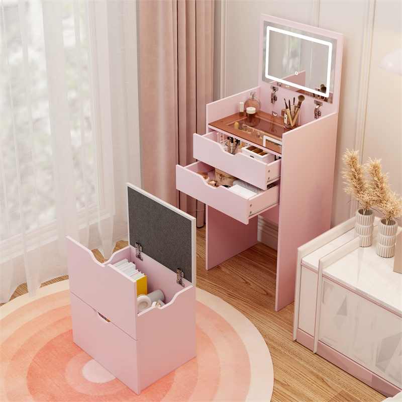 Pink Wooden 3 in 1 Dressing Table Set with LED Mirror and Storage Stool