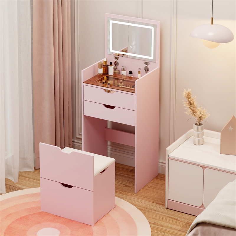 Pink Wooden 3 in 1 Dressing Table Set with LED Mirror and Storage Stool