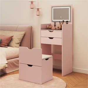 Pink Wooden 3 in 1 Dressing Table Set with LED Mirror and Storage Stool