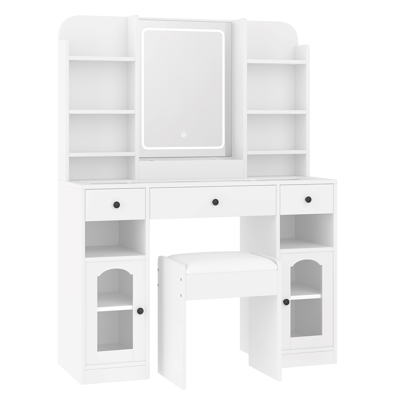 43.2 MDF Vanity Desk with LED Mirror  RGB Cabinets and Stool White
