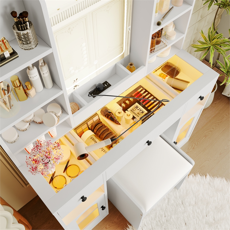 43.2 MDF Vanity Desk with LED Mirror  RGB Cabinets and Stool White