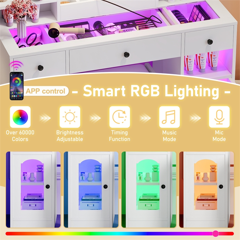 43.2 MDF Vanity Desk with LED Mirror  RGB Cabinets and Stool White