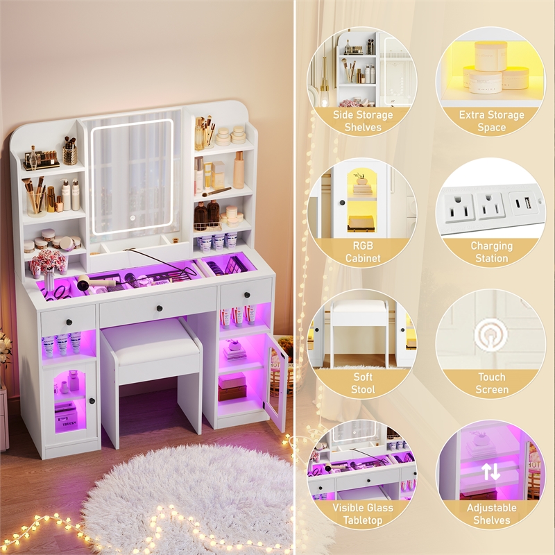 43.2 MDF Vanity Desk with LED Mirror  RGB Cabinets and Stool White