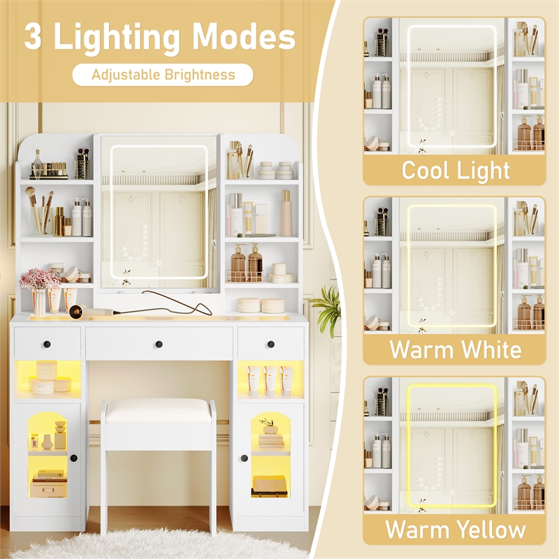 43.2 MDF Vanity Desk with LED Mirror  RGB Cabinets and Stool White