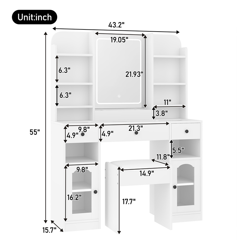 43.2 MDF Vanity Desk with LED Mirror  RGB Cabinets and Stool White