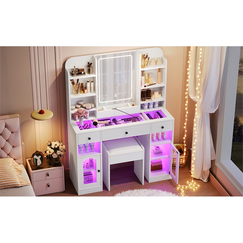 43.2 MDF Vanity Desk with LED Mirror  RGB Cabinets and Stool White