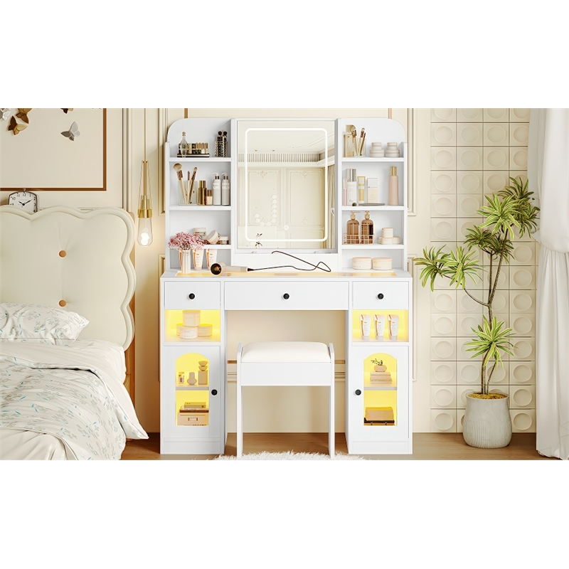 43.2 MDF Vanity Desk with LED Mirror  RGB Cabinets and Stool White