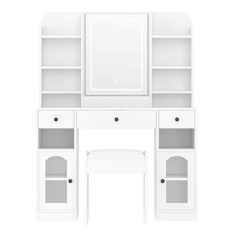 43.2 MDF Vanity Desk with LED Mirror  RGB Cabinets and Stool White