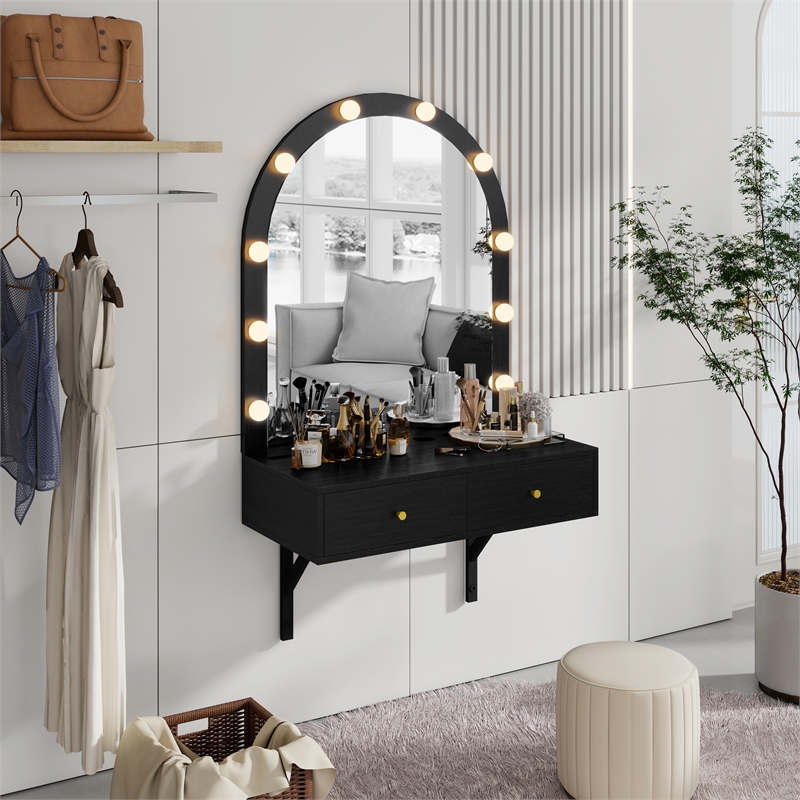 Black Floating Wall Mounted Engineered Wood Makeup Vanity with LED Mirror Outlet