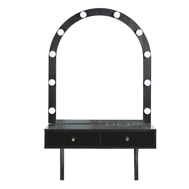 Black Floating Wall Mounted Engineered Wood Makeup Vanity with LED Mirror Outlet