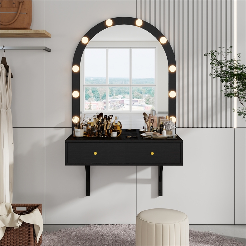 Black Floating Wall Mounted Engineered Wood Makeup Vanity with LED Mirror Outlet