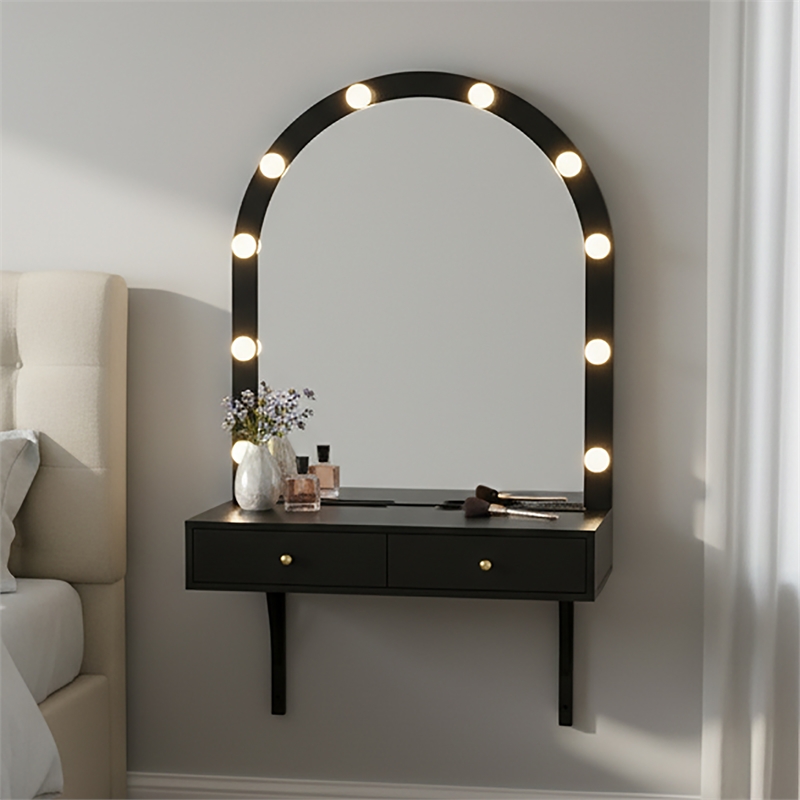 Black Floating Wall Mounted Engineered Wood Makeup Vanity with LED Mirror Outlet