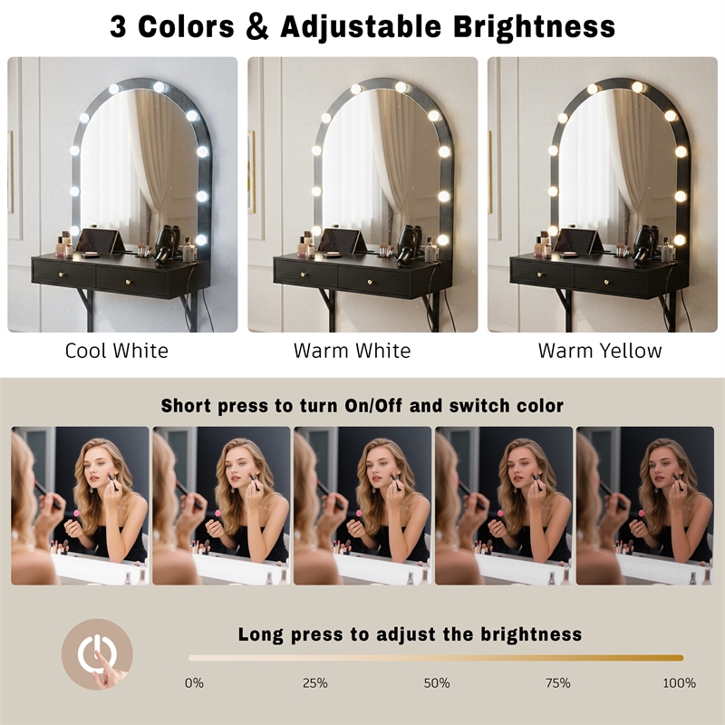 Black Floating Wall Mounted Engineered Wood Makeup Vanity with LED Mirror Outlet