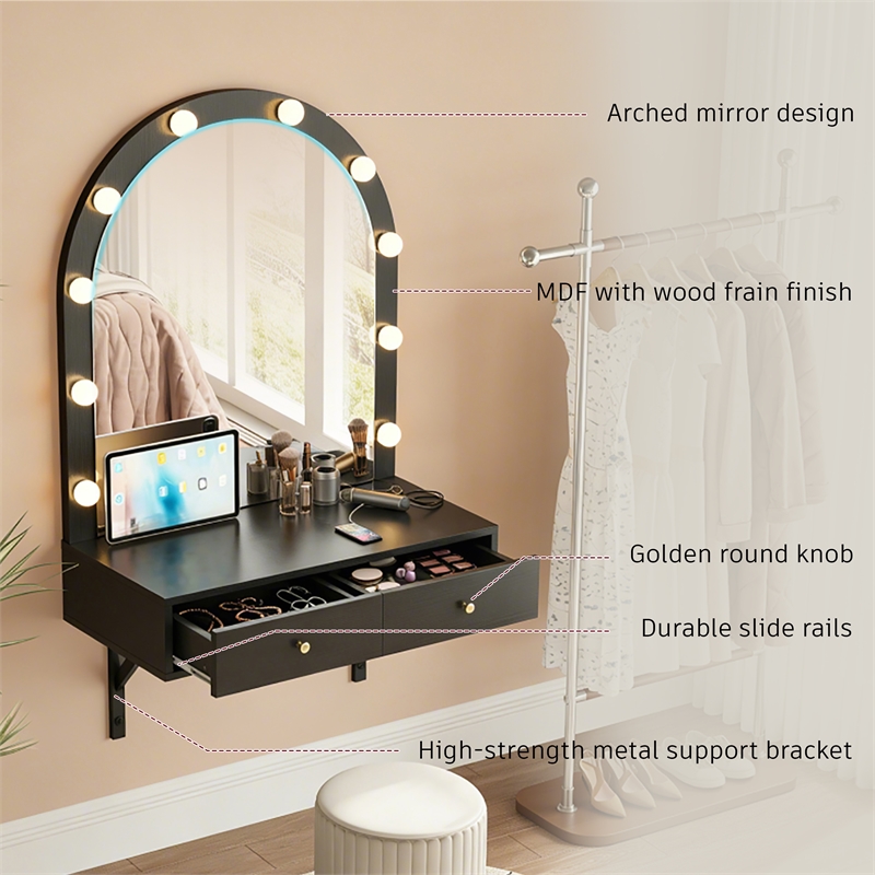 Black Floating Wall Mounted Engineered Wood Makeup Vanity with LED Mirror Outlet