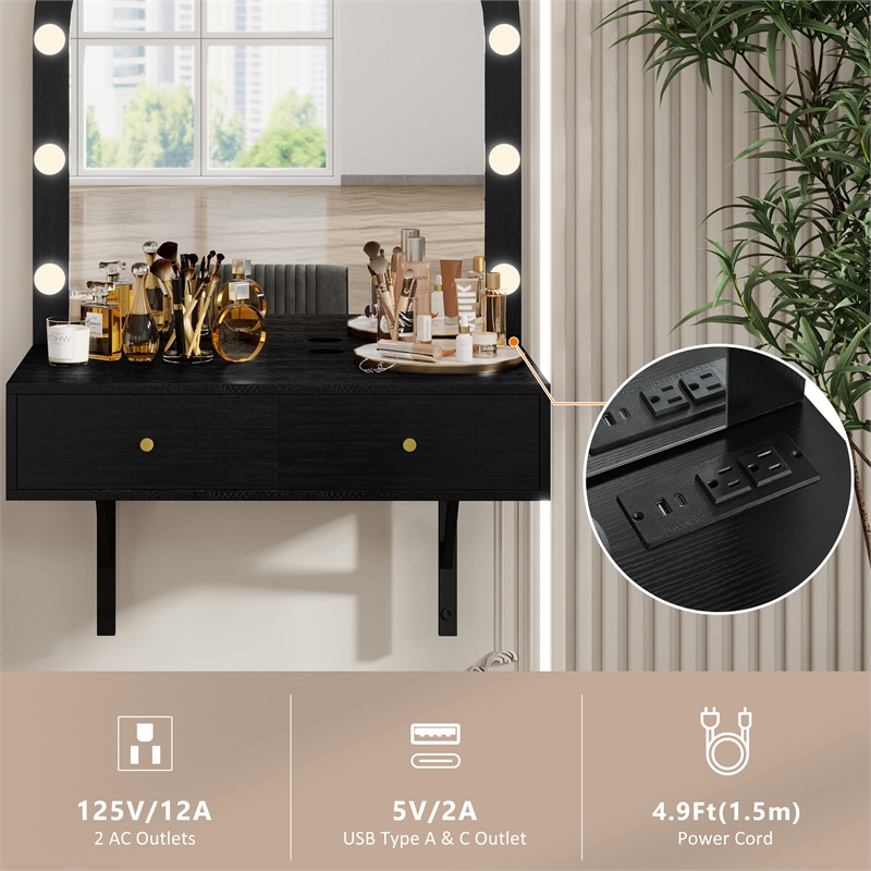 Black Floating Wall Mounted Engineered Wood Makeup Vanity with LED Mirror Outlet