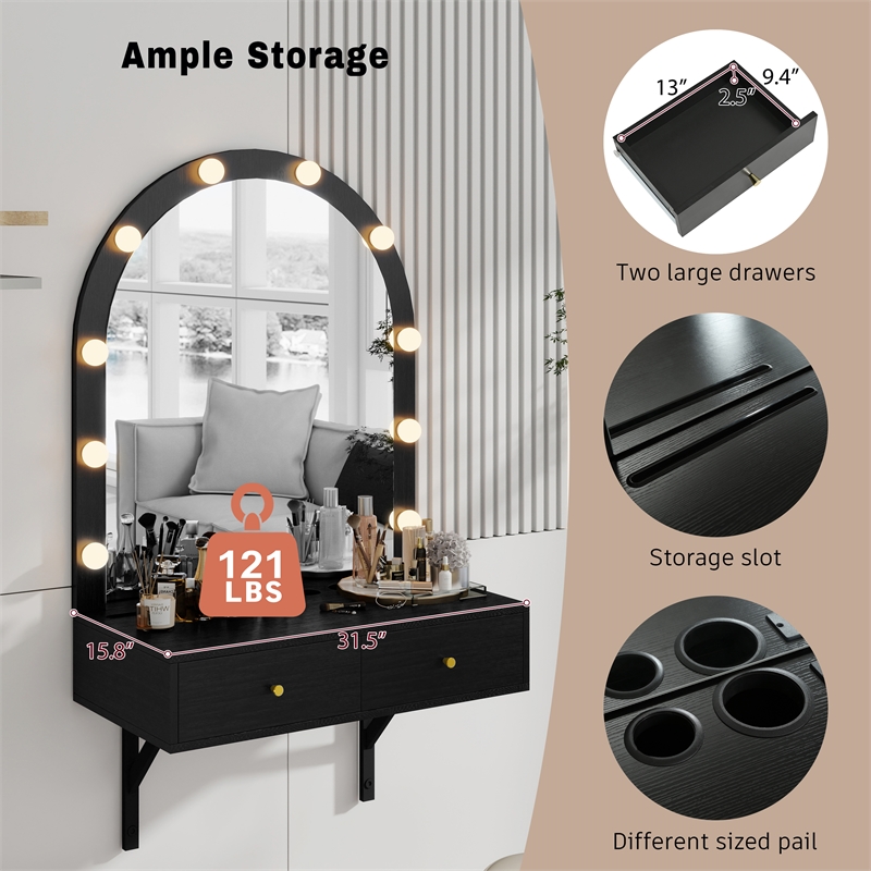Black Floating Wall Mounted Engineered Wood Makeup Vanity with LED Mirror Outlet