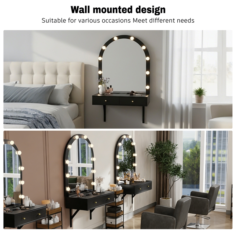 Black Floating Wall Mounted Engineered Wood Makeup Vanity with LED Mirror Outlet