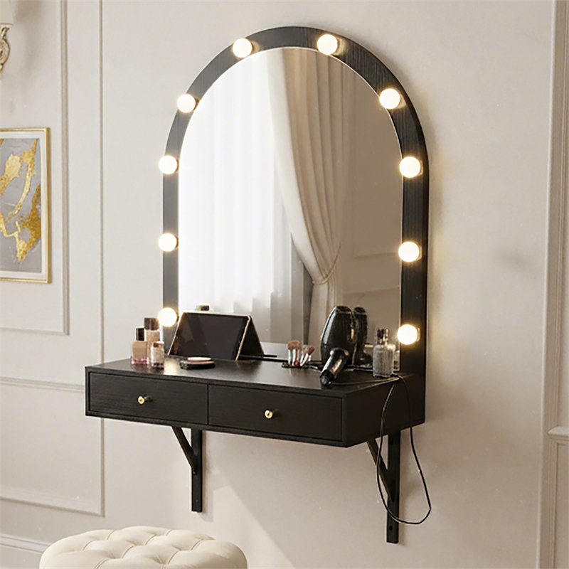 Black Floating Wall Mounted Engineered Wood Makeup Vanity with LED Mirror Outlet