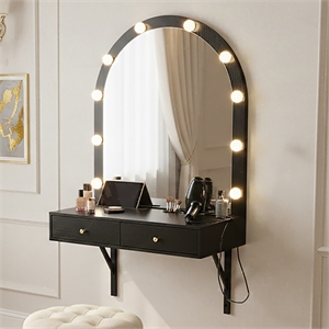 Black Floating Wall Mounted Engineered Wood Makeup Vanity with LED Mirror Outlet