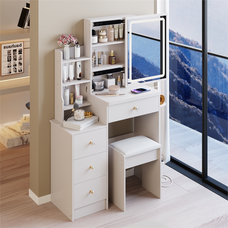 White MDF 29.2 Vanity Table Set with LED Mirror Power Station & Stool