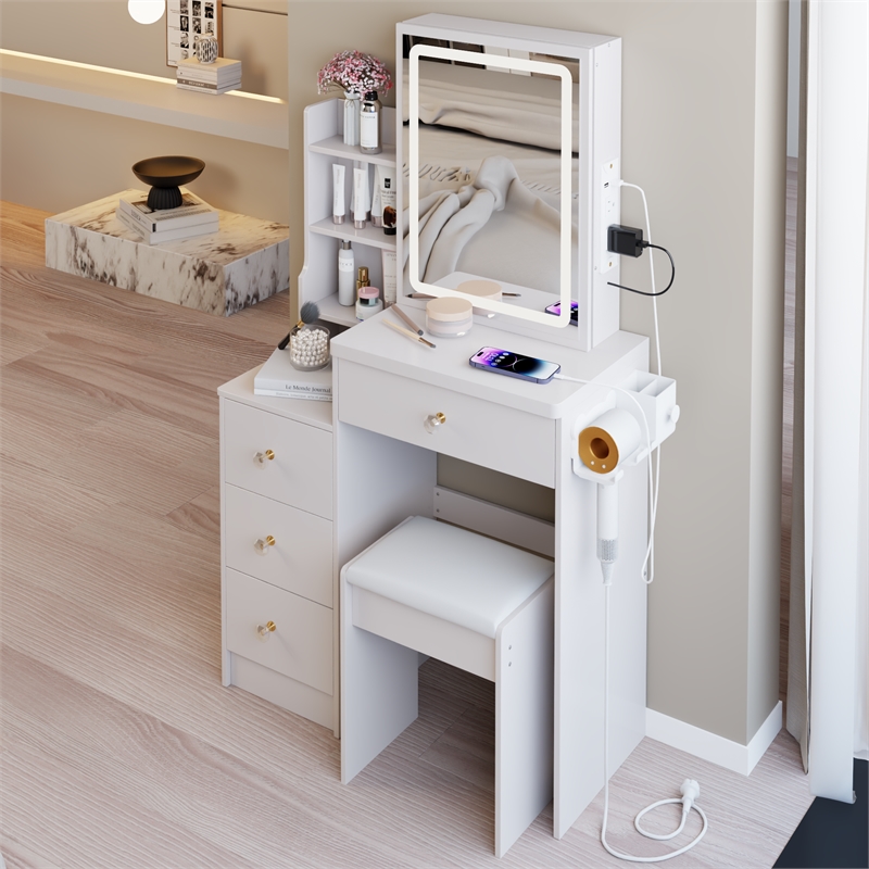 White MDF 29.2 Vanity Table Set with LED Mirror Power Station & Stool