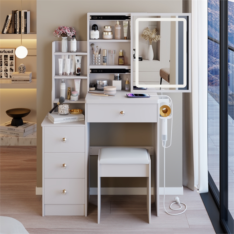 White MDF 29.2 Vanity Table Set with LED Mirror Power Station & Stool