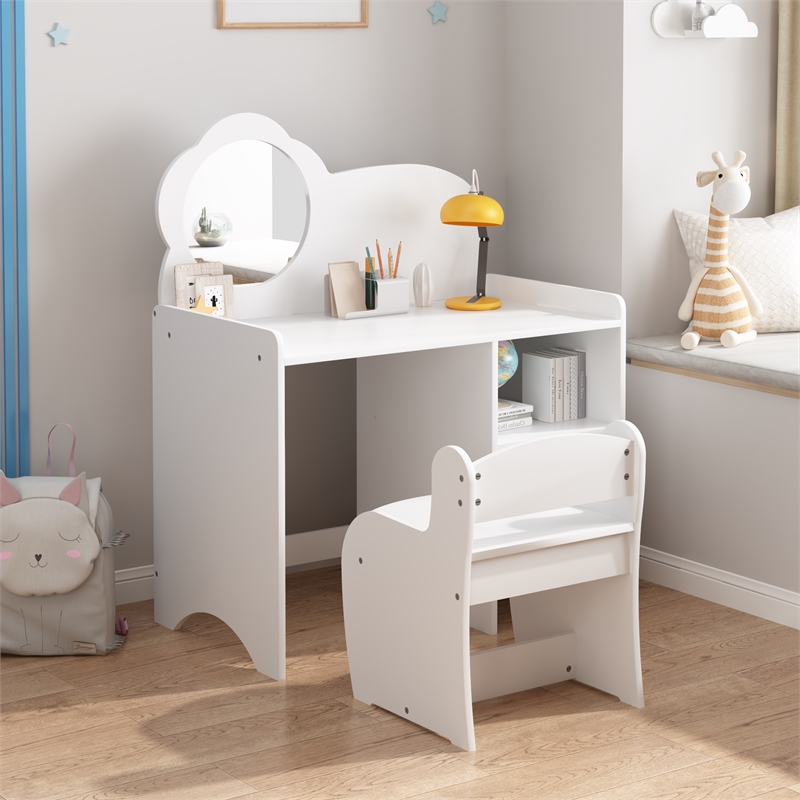White MDF Kids Vanity Table with Mirror Chair  Storage Shelves