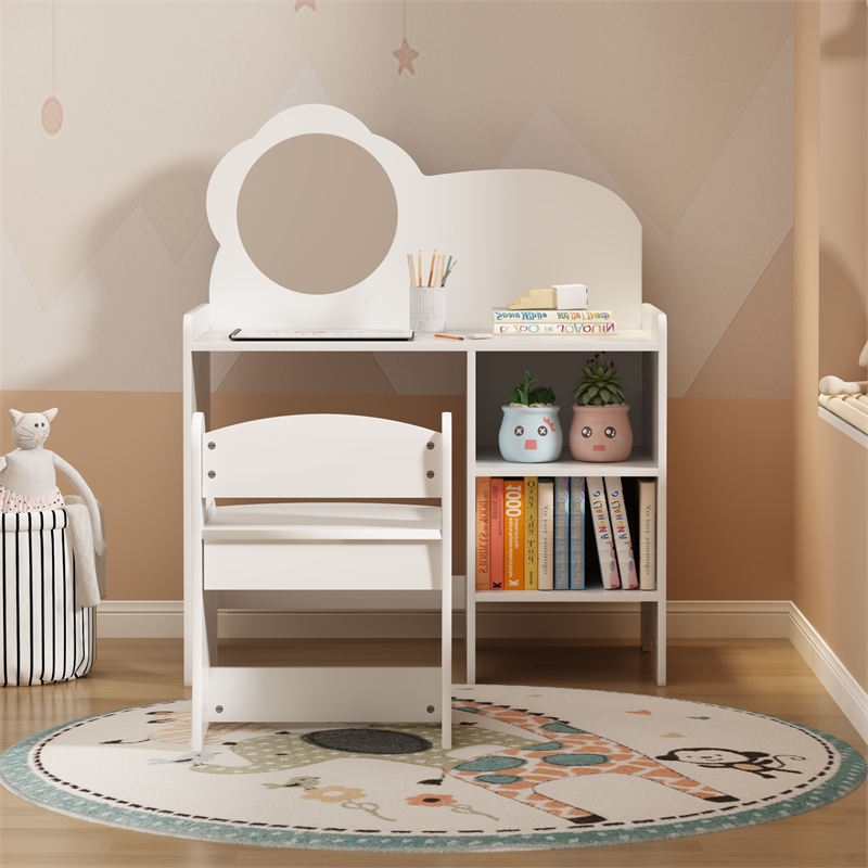 White MDF Kids Vanity Table with Mirror Chair  Storage Shelves