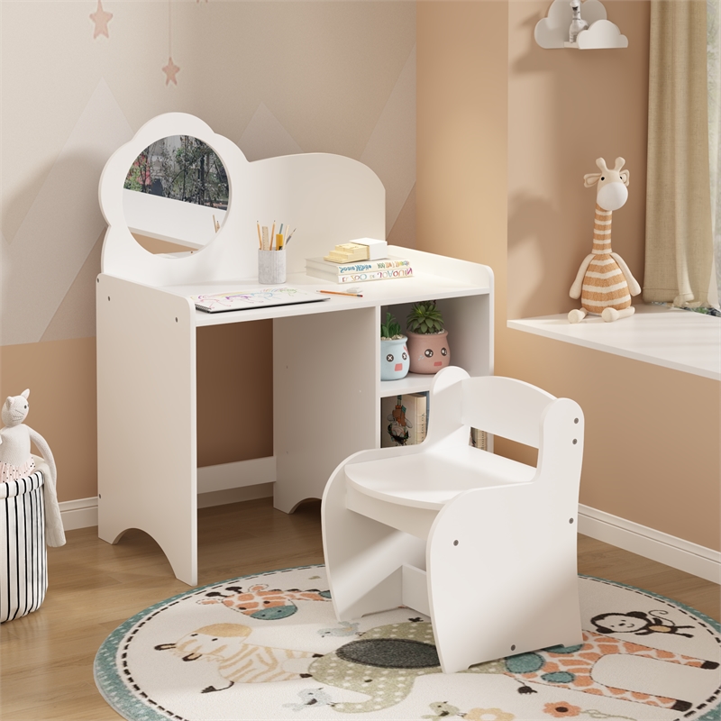 White MDF Kids Vanity Table with Mirror Chair  Storage Shelves