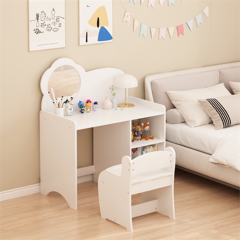 White MDF Kids Vanity Table with Mirror Chair  Storage Shelves