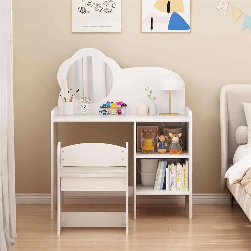 White MDF Kids Vanity Table with Mirror Chair  Storage Shelves