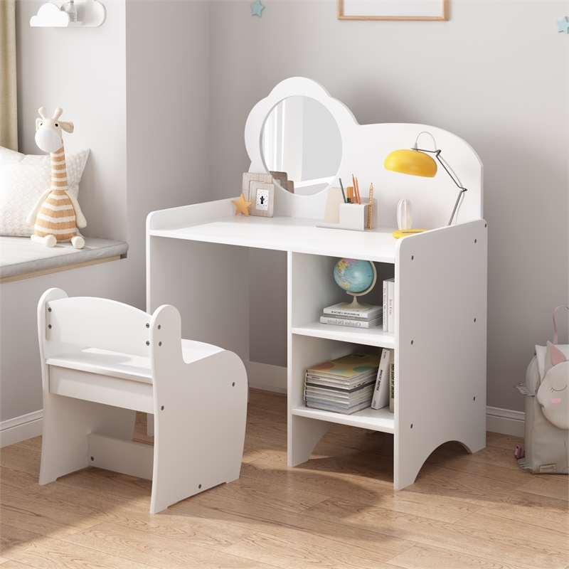 White MDF Kids Vanity Table with Mirror Chair  Storage Shelves