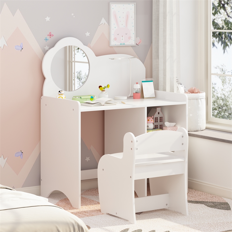 White MDF Kids Vanity Table with Mirror Chair  Storage Shelves