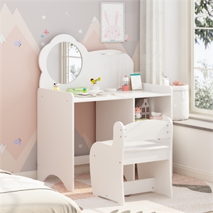 White MDF Kids Vanity Table with Mirror Chair  Storage Shelves
