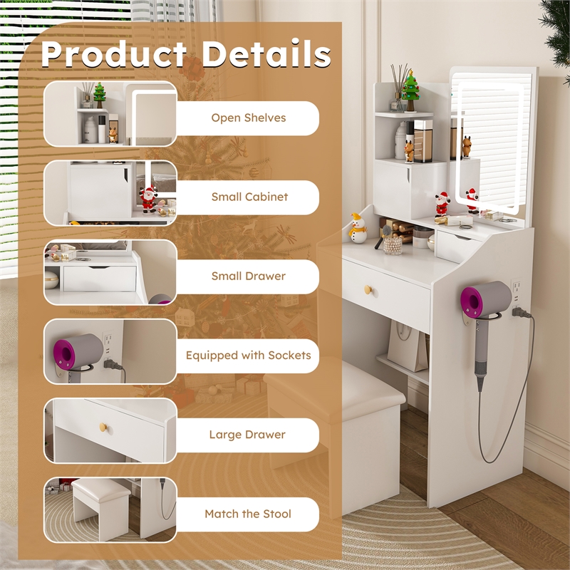 White MDF LED Vanity Mirror with Stool  7 Storage Cabinets Dressing Table