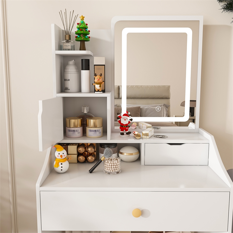 White MDF LED Vanity Mirror with Stool  7 Storage Cabinets Dressing Table
