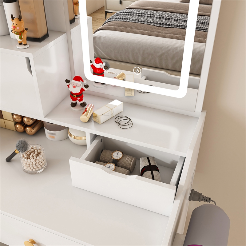 White MDF LED Vanity Mirror with Stool  7 Storage Cabinets Dressing Table