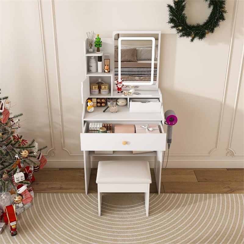 White MDF LED Vanity Mirror with Stool  7 Storage Cabinets Dressing Table