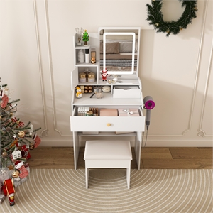 White MDF LED Vanity Mirror with Stool  7 Storage Cabinets Dressing Table