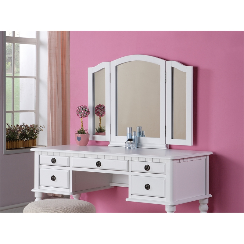 White Solid Wood Bedroom Vanity Set with Foldable Mirror and Stool