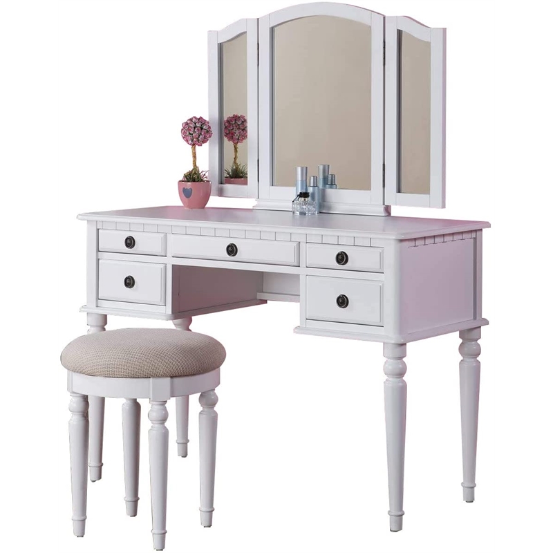 White Solid Wood Bedroom Vanity Set with Foldable Mirror and Stool