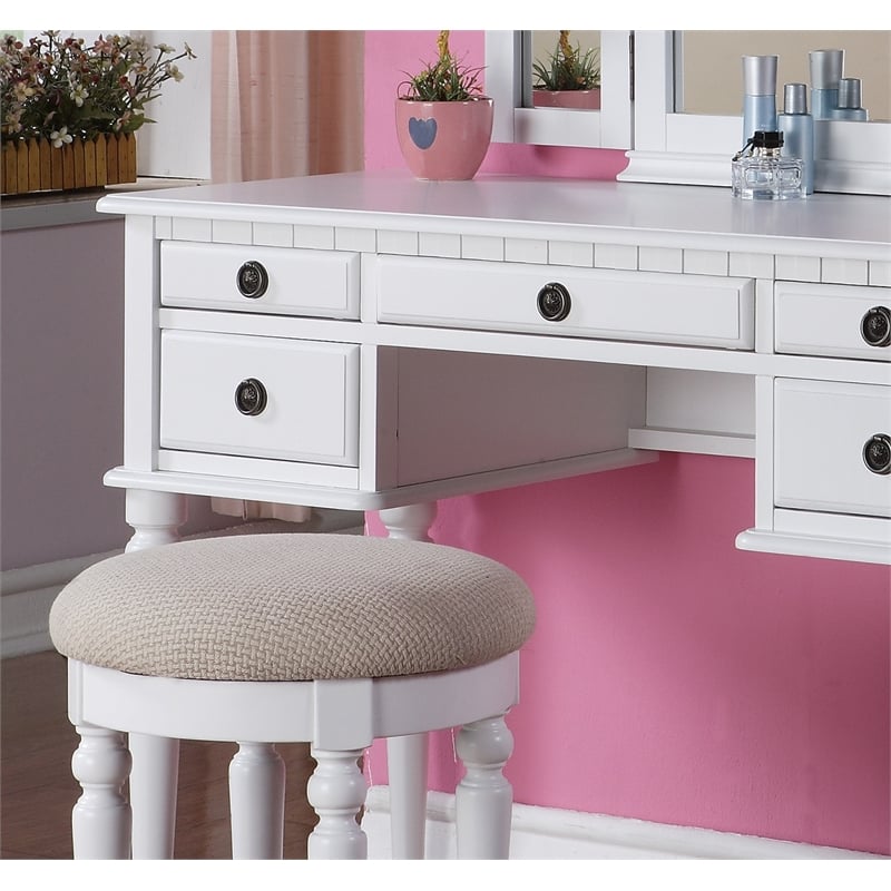 White Solid Wood Bedroom Vanity Set with Foldable Mirror and Stool