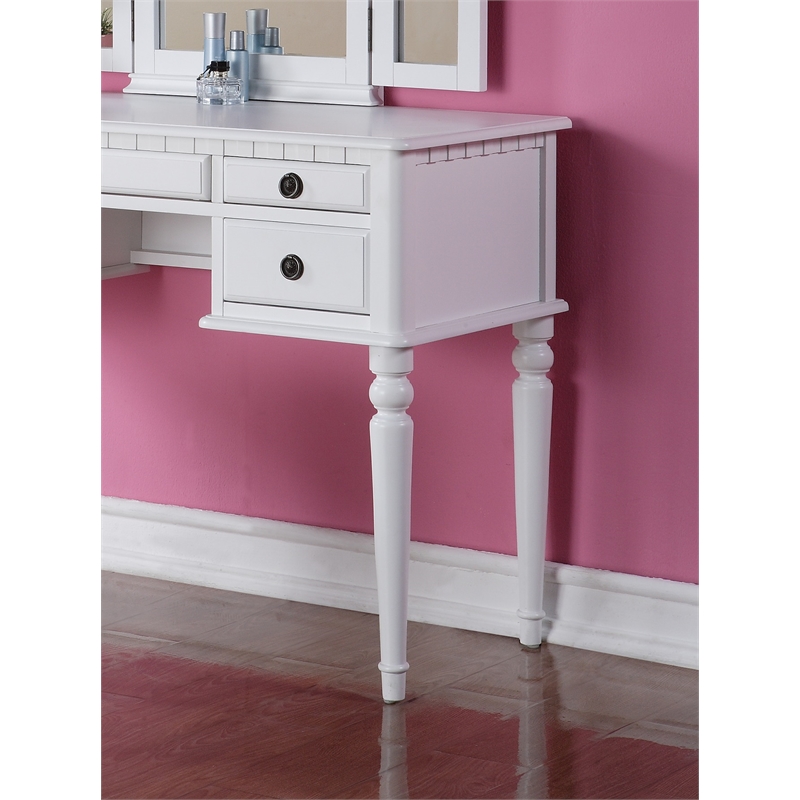 White Solid Wood Bedroom Vanity Set with Foldable Mirror and Stool