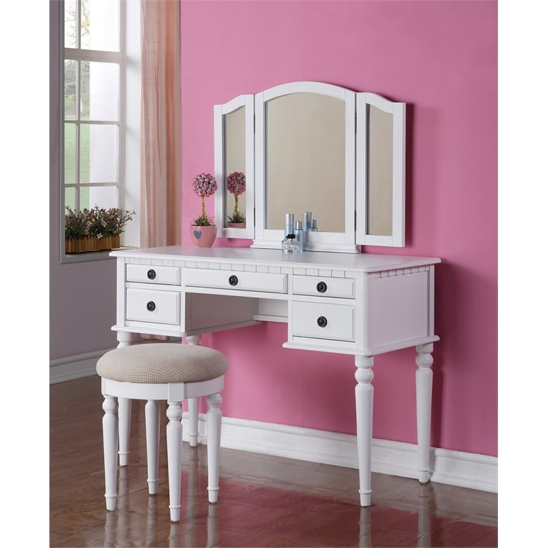 White Solid Wood Bedroom Vanity Set with Foldable Mirror and Stool