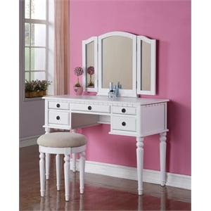 White Solid Wood Bedroom Vanity Set with Foldable Mirror and Stool