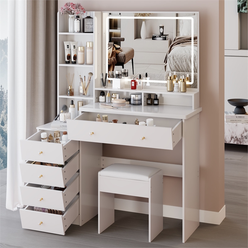 White MDF 41  Vanity Table Set with LED Mirror  Cushioned Stool   Storage Case