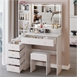 White MDF 41  Vanity Table Set with LED Mirror  Cushioned Stool   Storage Case