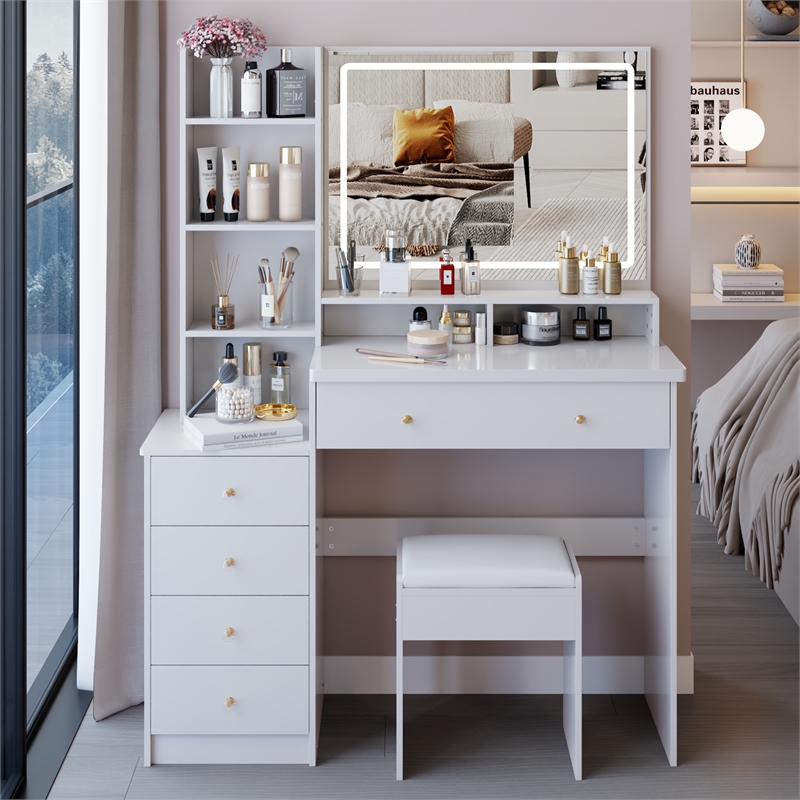 White MDF 41  Vanity Table Set with LED Mirror  Cushioned Stool   Storage Case