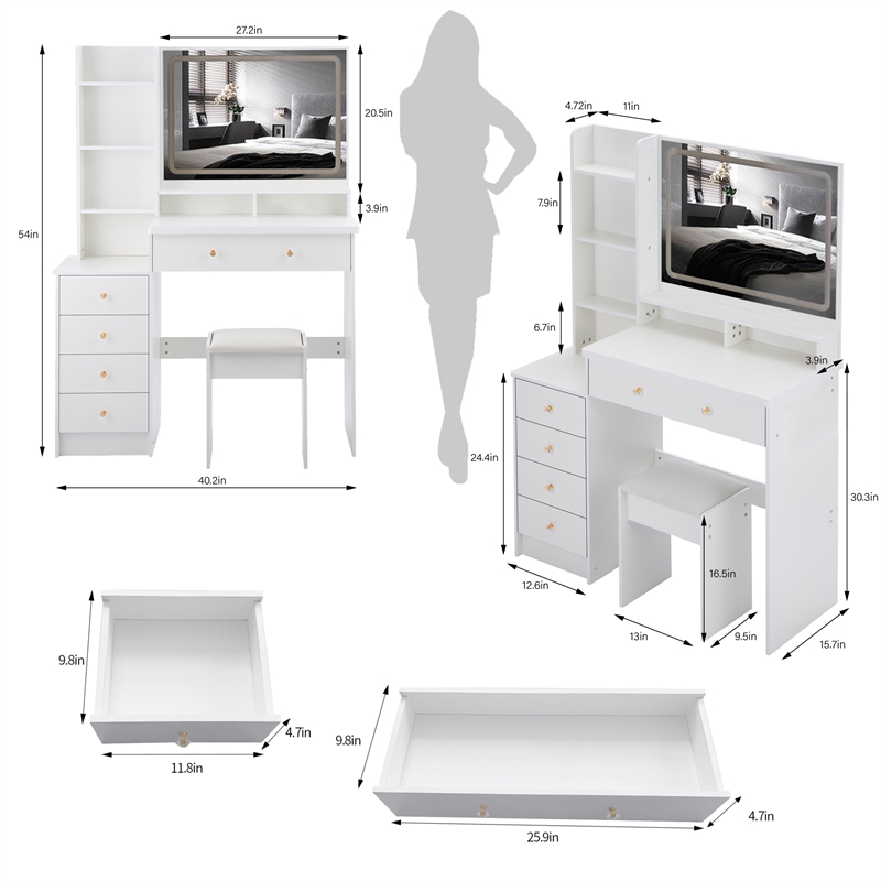 White MDF 41  Vanity Table Set with LED Mirror  Cushioned Stool   Storage Case